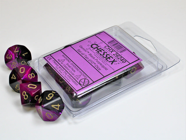 CHESSEX: D10 Gemini - Black - Purple w/ Gold