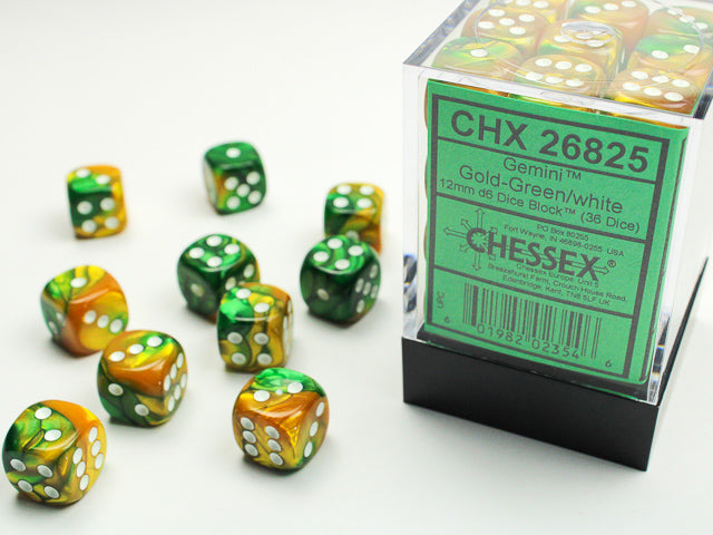 CHESSEX: D6 Gemini - 12mm - Gold - Green w/ White