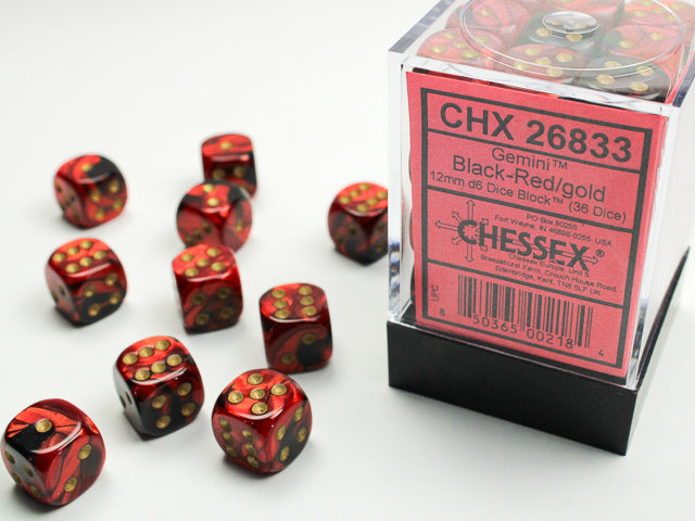 CHESSEX: D6 Gemini - 12mm - Black - Red w/ Gold