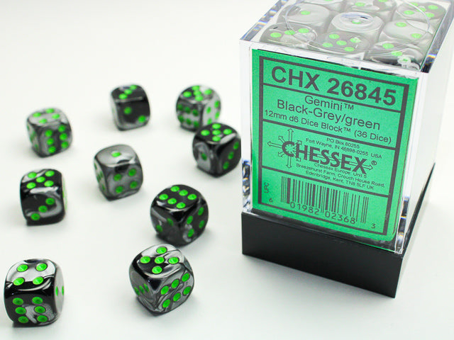 CHESSEX: D6 Gemini - 12mm - Black - Grey w/ Green