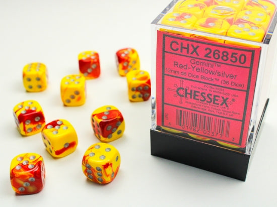 CHESSEX: D6 Gemini - 12mm - Red - Yellow w/ Silver
