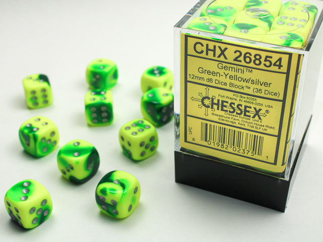 CHESSEX: D6 Gemini - 12mm - Green - Yellow w/ Silver