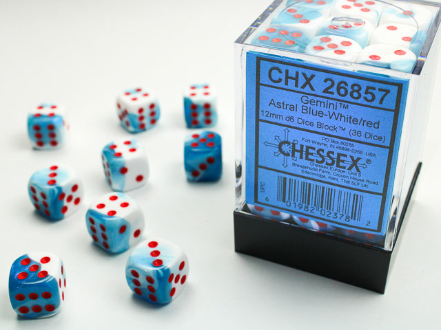 CHESSEX: D6 Gemini - 12mm - Astral Blue - White w/ Red