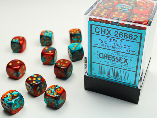 CHESSEX: D6 Gemini - 12mm - Red - Teal w/ Gold