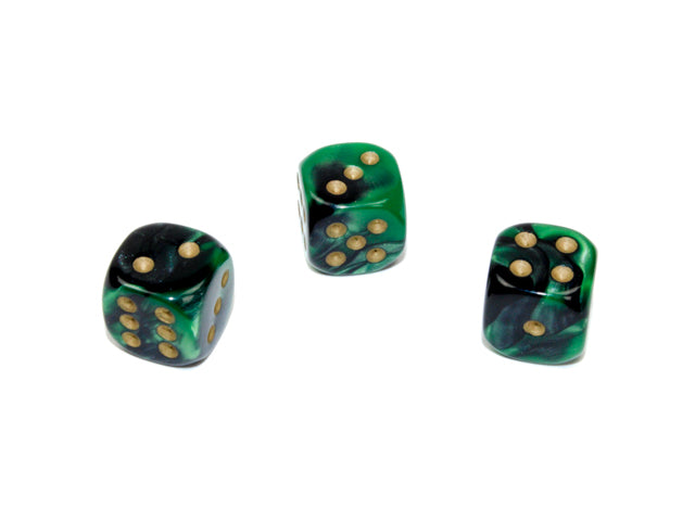 CHESSEX: D6 Gemini - 12mm - Black - Green w/ Gold