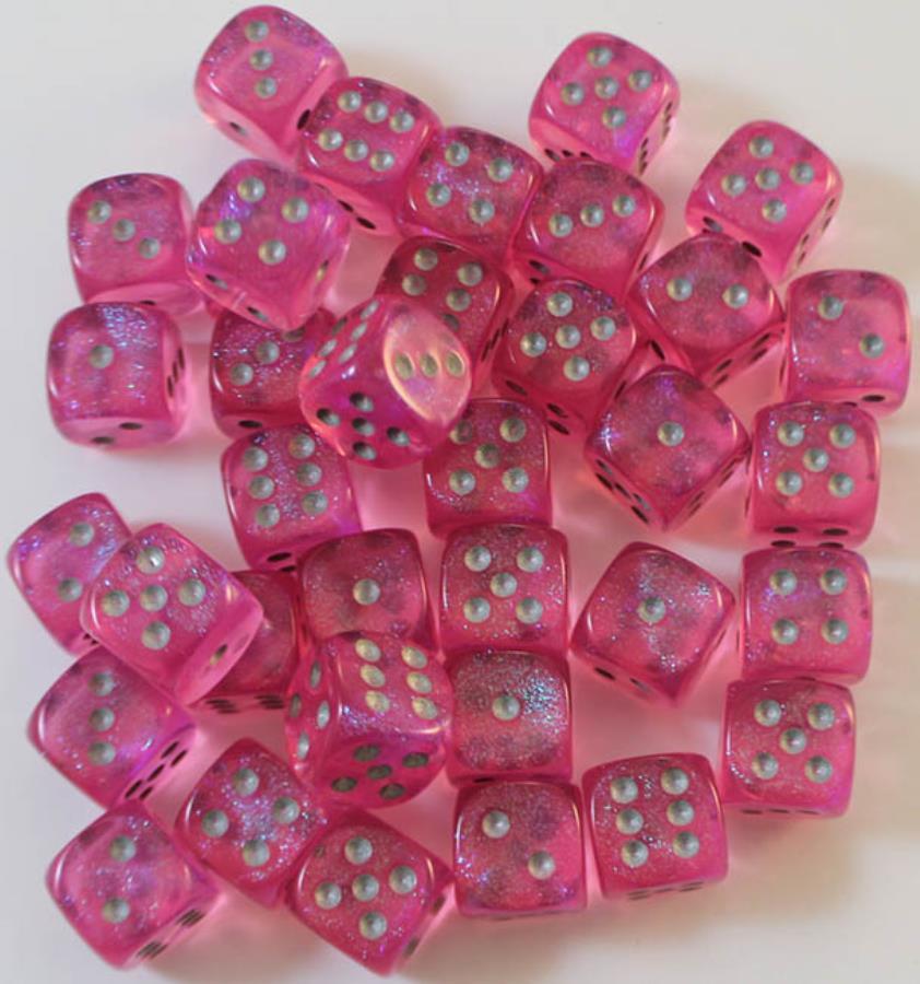 Chessex: D6 Borealis  - 12mm - Pink w/ Silver