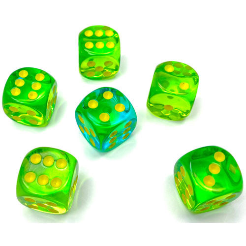 CHESSEX: D6 Gemini Translucent - 16mm - Green-Teal/ Yellow