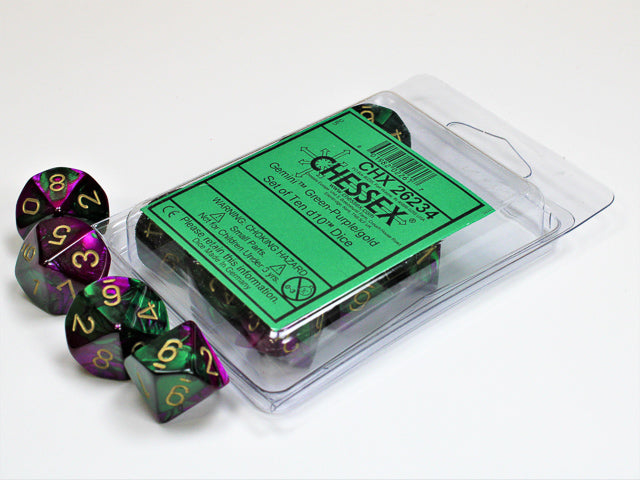 CHESSEX: D10 Gemini - Green - Purple w/ Gold