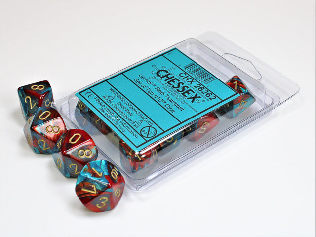 CHESSEX: D10 Gemini - Red - Teal w/ Gold