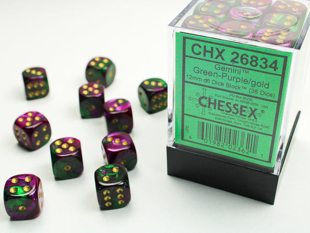 CHESSEX: D6 Gemini - 12mm - Green - Purple w/ Gold
