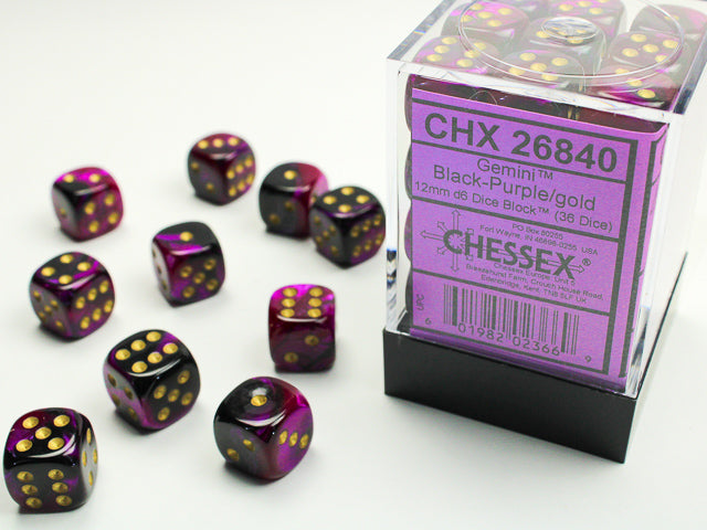 CHESSEX: D6 Gemini - 12mm - Black - Purple w/ Gold