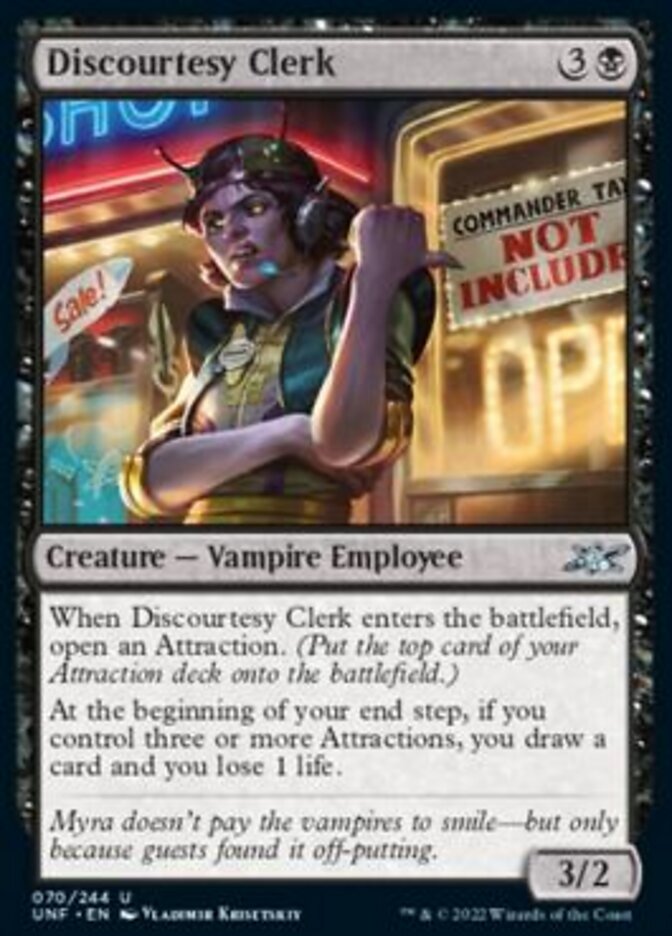 mtg card that turns creatures into lands Discourtesy Clerk [Unfinity]