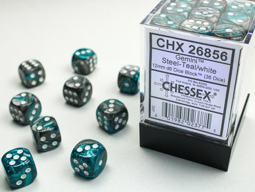 Chessex 26856 12MM D6 Gemini: Steel-Teal/White