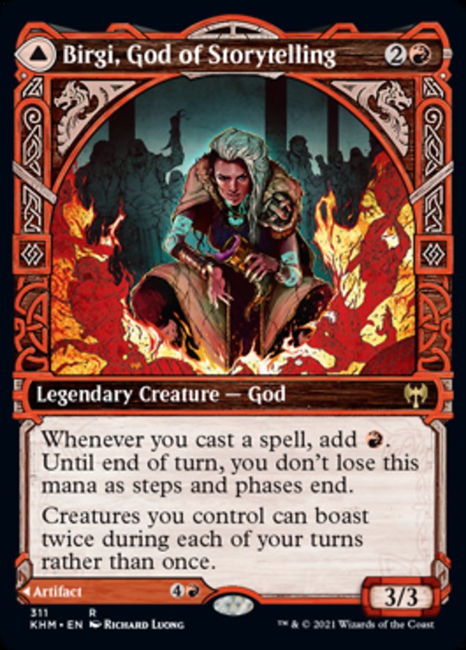 mtg kaldheim showcase cards Birgi, God of Storytelling // Harnfel, Horn of Bounty (Showcase) [Kald