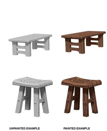 Unpainted Minis: W04: WZK: Wooden Table & Stools
