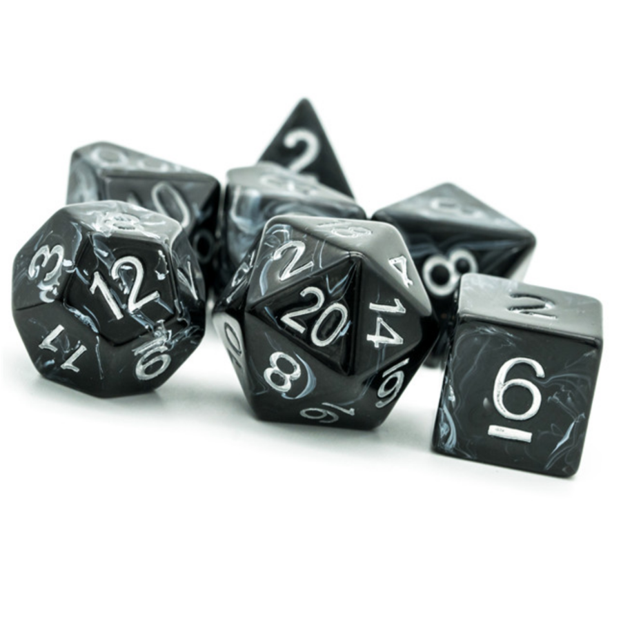 BLACK BRUSHED WHITE SILK RPG DICE SET