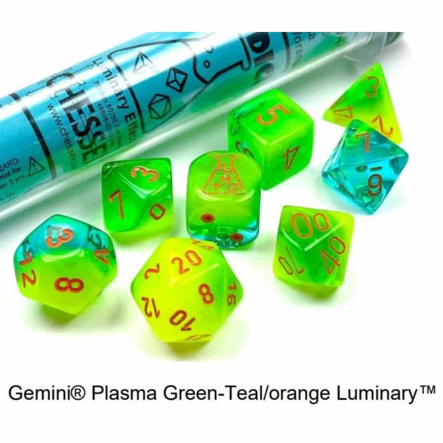 CHX 30048 LAB DICE 7 PC POLY DICE SET LUMINARY GEMINI PLASMA GREEN TEAL/ORANGE