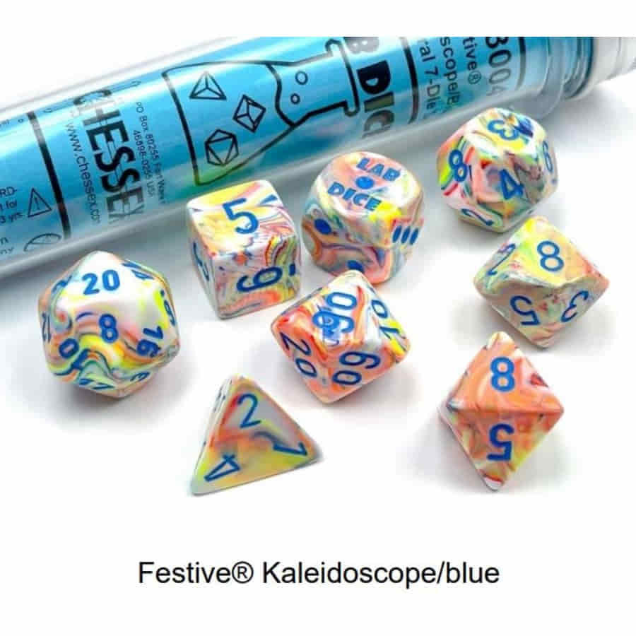CHX 30047 LAB DICE 7 PC POLY DICE SET FESTIVE KALEIDESCOPE/BLUE