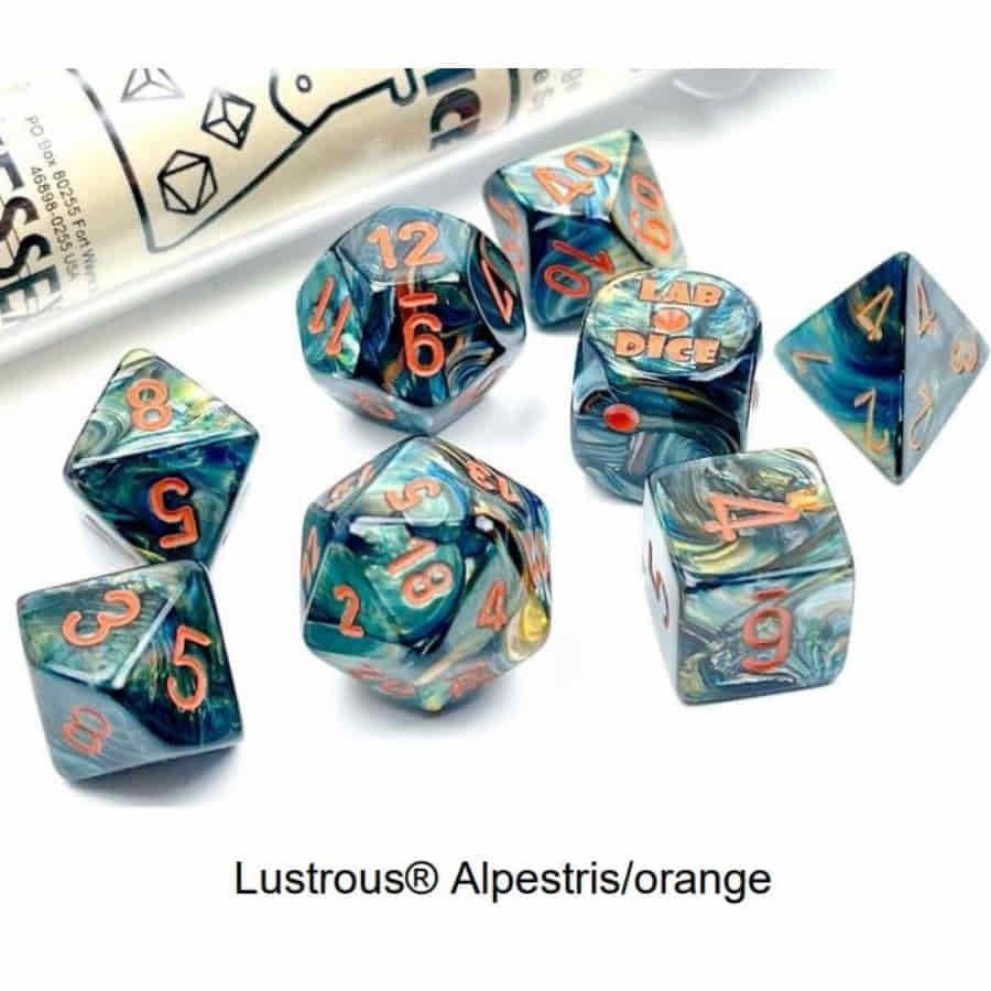 CHX 30049 LAB DICE 7 PC POLY DICE SET LUSTROUS ALPESTRIS/ORANGE
