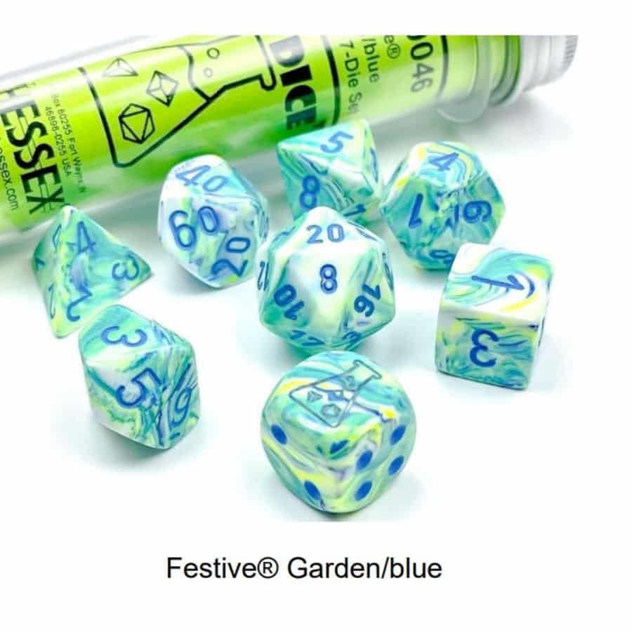 CHX 30046 LAB DICE 7 PC POLY DICE SET FESTIVE GARDEN/BLUE